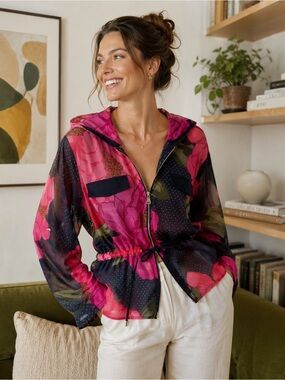Joseph Ribkoff Floral Sheer Zip Jacket Size 8 Pink Black Lightweight